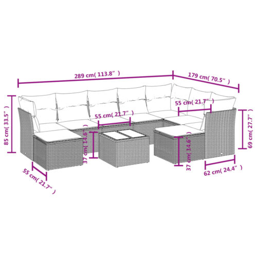 10-Piece Garden Sofa Set with Cushions Grey Poly Rattan Wicker Outdoor Patio Furniture - Image 3