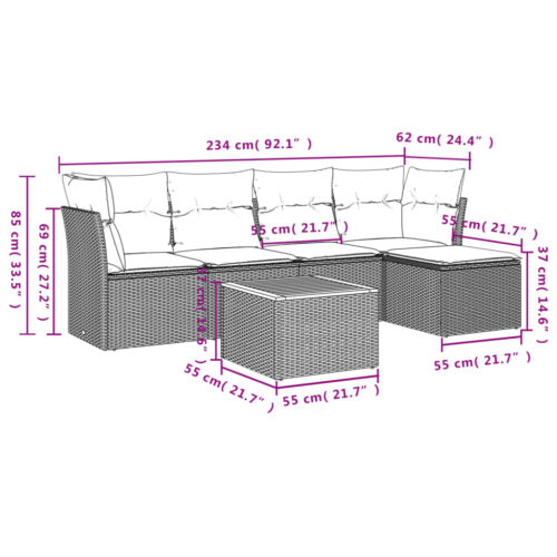 6-Piece Garden Sofa Set with Cushions Grey Poly Rattan Wicker Outdoor Patio Furniture - Image 7