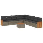 10-Piece Garden Sofa Set with Cushions Grey Poly Rattan Wicker Outdoor Patio Furniture