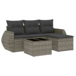 5-Piece Garden Sofa Set with Cushions Grey Poly Rattan Wicker Outdoor Patio Furniture