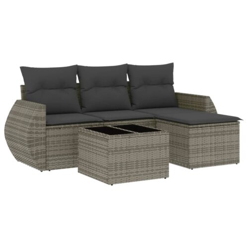 5-Piece Garden Sofa Set with Cushions Grey Poly Rattan Wicker Outdoor Patio Furniture