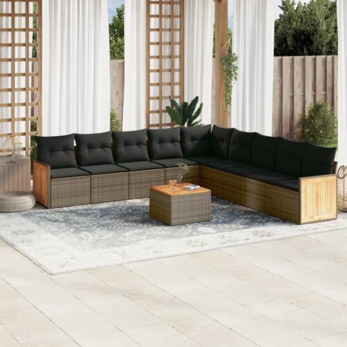 10-Piece Garden Sofa Set with Cushions Grey Poly Rattan Wicker Outdoor Patio Furniture - Image 2