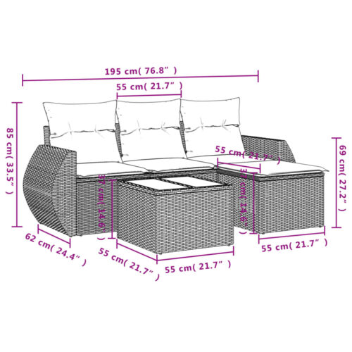 5-Piece Garden Sofa Set with Cushions Grey Poly Rattan Wicker Outdoor Patio Furniture - Image 3