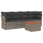 5-Piece Garden Sofa Set with Cushions Grey Poly Rattan Wicker Outdoor Patio Furniture