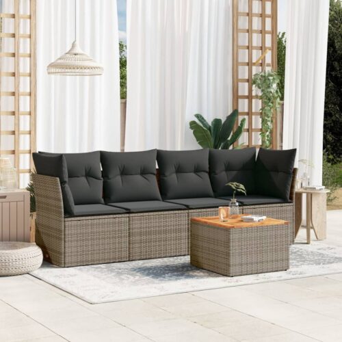 5-Piece Garden Sofa Set with Cushions Grey Poly Rattan Wicker Outdoor Patio Furniture - Image 2