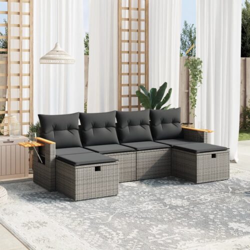6-Piece Garden Sofa Set with Cushions Grey Poly Rattan Wicker Outdoor Patio Furniture - Image 2