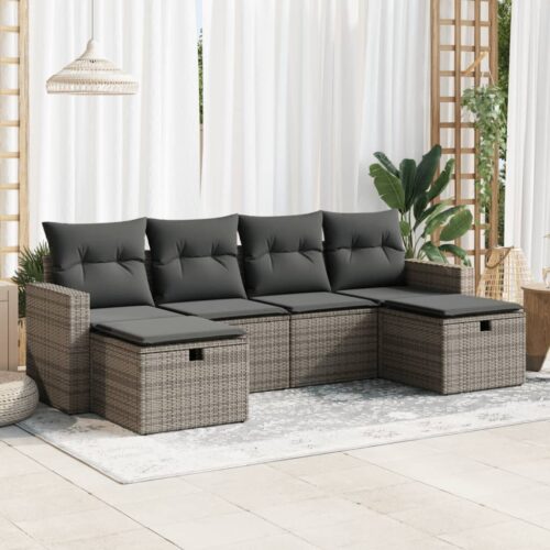 6-Piece Garden Sofa Set with Cushions Grey Poly Rattan Wicker Outdoor Patio Furniture - Image 2