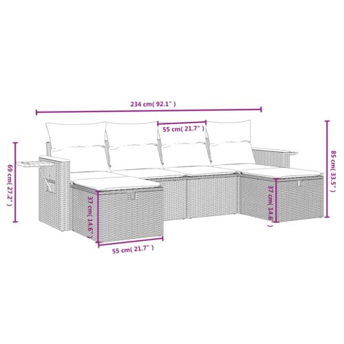 6-Piece Garden Sofa Set with Cushions Grey Poly Rattan Wicker Outdoor Patio Furniture - Image 4