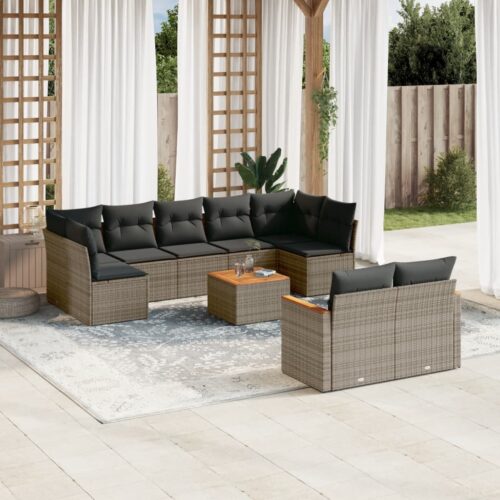 10-Piece Garden Sofa Set with Cushions Grey Poly Rattan Wicker Outdoor Patio Furniture - Image 2