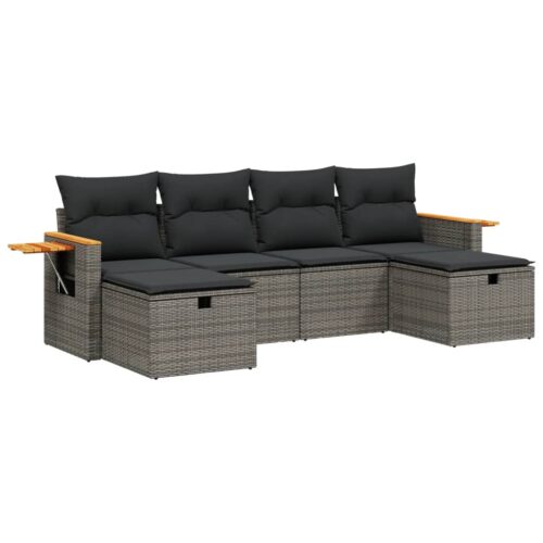 6-Piece Garden Sofa Set with Cushions Grey Poly Rattan Wicker Outdoor Patio Furniture - Image 6
