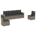 6-Piece Garden Sofa Set with Cushions Grey Poly Rattan Wicker Outdoor Patio Furniture