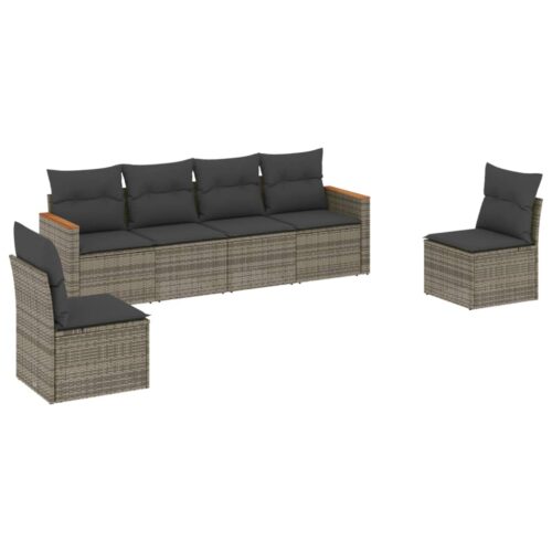 6-Piece Garden Sofa Set with Cushions Grey Poly Rattan Wicker Outdoor Patio Furniture