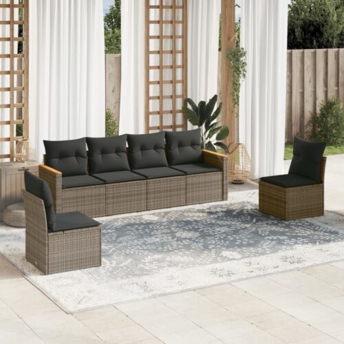 6-Piece Garden Sofa Set with Cushions Grey Poly Rattan Wicker Outdoor Patio Furniture - Image 2