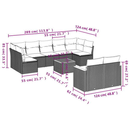 10-Piece Garden Sofa Set with Cushions Grey Poly Rattan Wicker Outdoor Patio Furniture - Image 8