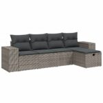 5-Piece Garden Sofa Set with Cushions Grey Poly Rattan Wicker Outdoor Patio Furniture
