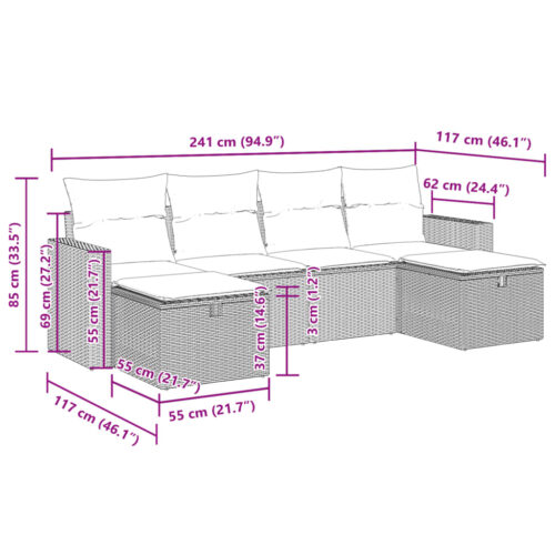 6-Piece Garden Sofa Set with Cushions Grey Poly Rattan Wicker Outdoor Patio Furniture - Image 12
