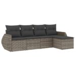 5-Piece Garden Sofa Set with Cushions Grey Poly Rattan Wicker Outdoor Patio Furniture