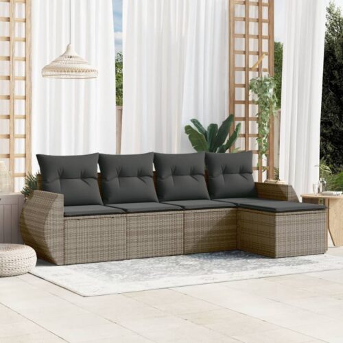 5-Piece Garden Sofa Set with Cushions Grey Poly Rattan Wicker Outdoor Patio Furniture - Image 2