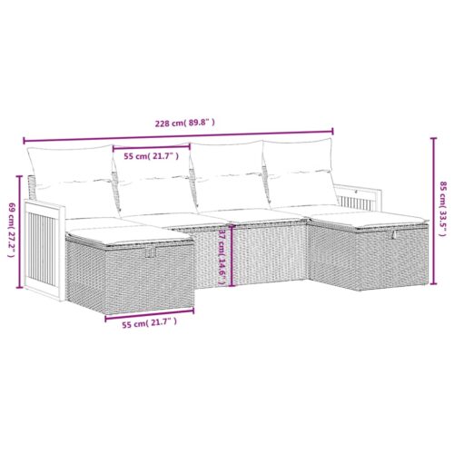 6-Piece Garden Sofa Set with Cushions Grey Poly Rattan Wicker Outdoor Patio Furniture - Image 4