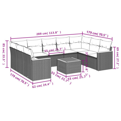 10-Piece Garden Sofa Set with Cushions Grey Poly Rattan Wicker Outdoor Patio Furniture - Image 8