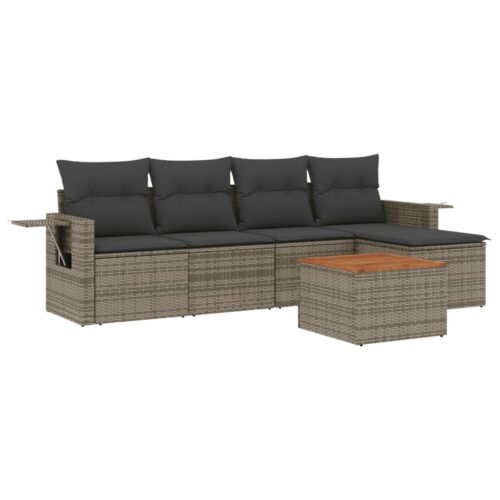 6-Piece Garden Sofa Set with Cushions Grey Poly Rattan Wicker Outdoor Patio Furniture - Image 5