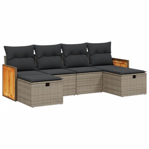 6-Piece Garden Sofa Set with Cushions Grey Poly Rattan Wicker Outdoor Patio Furniture - Image 6