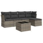 6-Piece Garden Sofa Set with Cushions Grey Poly Rattan Wicker Outdoor Patio Furniture