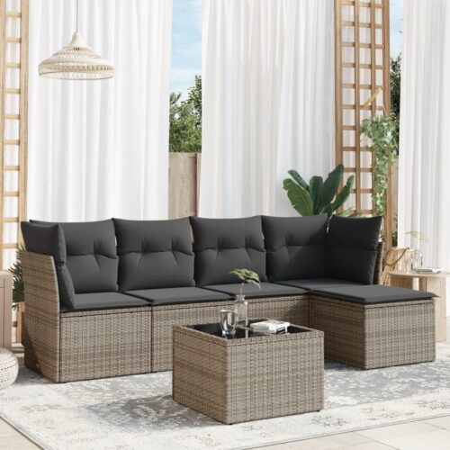 6-Piece Garden Sofa Set with Cushions Grey Poly Rattan Wicker Outdoor Patio Furniture - Image 2