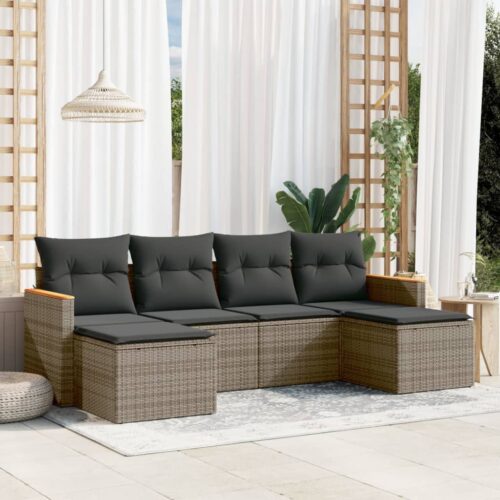 6-Piece Garden Sofa Set with Cushions Grey Poly Rattan Wicker Outdoor Patio Furniture - Image 2