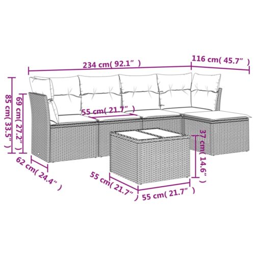6-Piece Garden Sofa Set with Cushions Grey Poly Rattan Wicker Outdoor Patio Furniture - Image 3