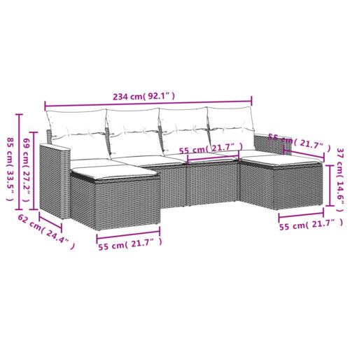 6-Piece Garden Sofa Set with Cushions Grey Poly Rattan Wicker Outdoor Patio Furniture - Image 3
