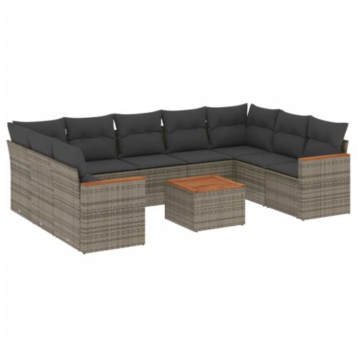 10-Piece Garden Sofa Set with Cushions Grey Poly Rattan Wicker Outdoor Patio Furniture - Image 14