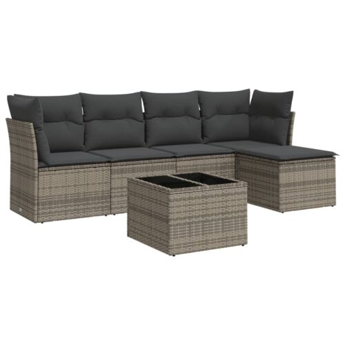 6-Piece Garden Sofa Set with Cushions Grey Poly Rattan Wicker Outdoor Patio Furniture - Image 5