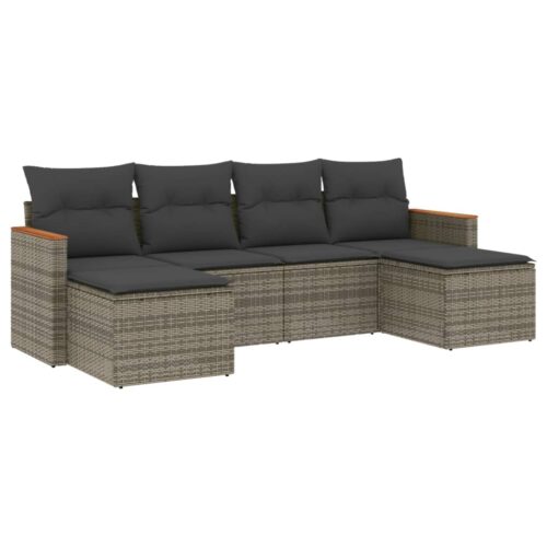6-Piece Garden Sofa Set with Cushions Grey Poly Rattan Wicker Outdoor Patio Furniture - Image 5