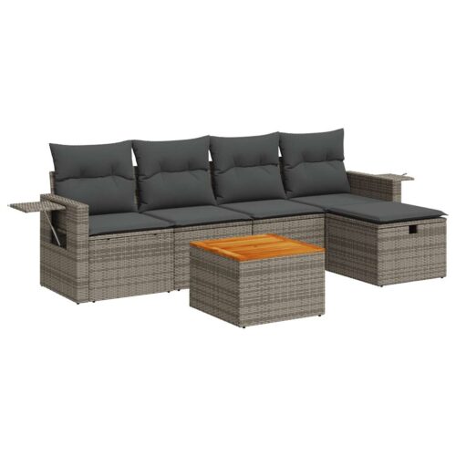 6-Piece Garden Sofa Set with Cushions Grey Poly Rattan Wicker Outdoor Patio Furniture