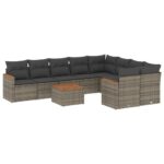 10-Piece Garden Sofa Set with Cushions Grey Poly Rattan Wicker Outdoor Patio Furniture