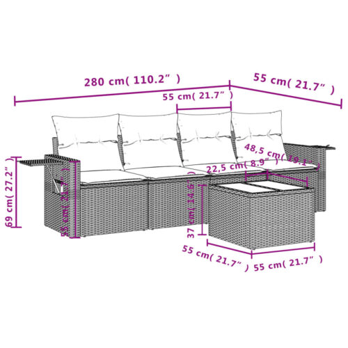 5-Piece Garden Sofa Set with Cushions Grey Poly Rattan Wicker Outdoor Patio Furniture - Image 3