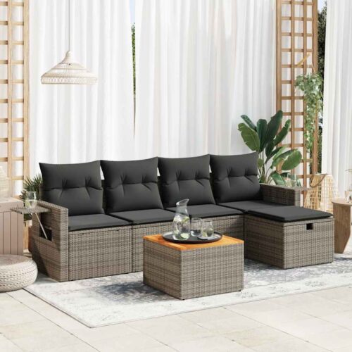 6-Piece Garden Sofa Set with Cushions Grey Poly Rattan Wicker Outdoor Patio Furniture - Image 2