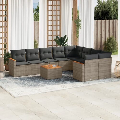 10-Piece Garden Sofa Set with Cushions Grey Poly Rattan Wicker Outdoor Patio Furniture - Image 2