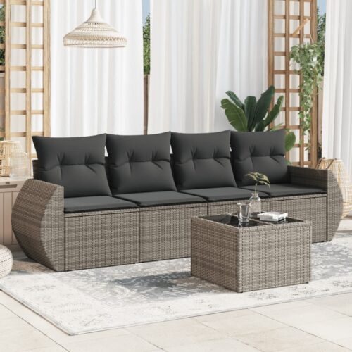 5-Piece Garden Sofa Set with Cushions Grey Poly Rattan Wicker Outdoor Patio Furniture - Image 2