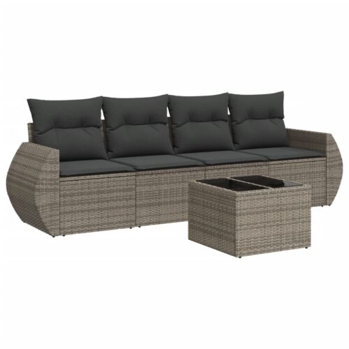 5-Piece Garden Sofa Set with Cushions Grey Poly Rattan Wicker Outdoor Patio Furniture - Image 5
