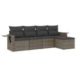 5-Piece Garden Sofa Set with Cushions Grey Poly Rattan Wicker Outdoor Patio Furniture