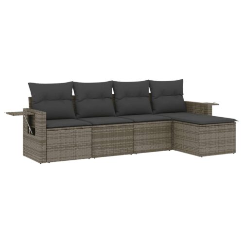 5-Piece Garden Sofa Set with Cushions Grey Poly Rattan Wicker Outdoor Patio Furniture