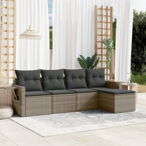 5-Piece Garden Sofa Set with Cushions Grey Poly Rattan Wicker Outdoor Patio Furniture - Image 2