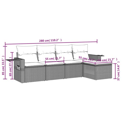 5-Piece Garden Sofa Set with Cushions Grey Poly Rattan Wicker Outdoor Patio Furniture - Image 3