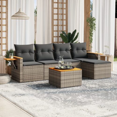 6-Piece Garden Sofa Set with Cushions Grey Poly Rattan Wicker Outdoor Patio Furniture - Image 2