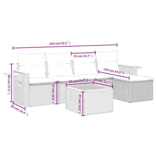6-Piece Garden Sofa Set with Cushions Grey Poly Rattan Wicker Outdoor Patio Furniture - Image 3