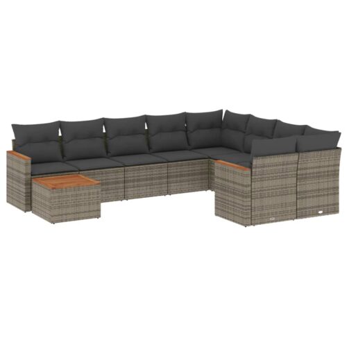 10-Piece Garden Sofa Set with Cushions Grey Poly Rattan Wicker Outdoor Patio Furniture