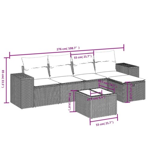 6-Piece Garden Sofa Set with Cushions Grey Poly Rattan Wicker Outdoor Patio Furniture - Image 4
