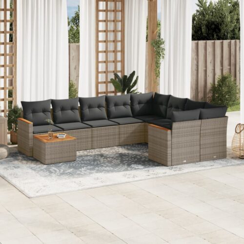 10-Piece Garden Sofa Set with Cushions Grey Poly Rattan Wicker Outdoor Patio Furniture - Image 2